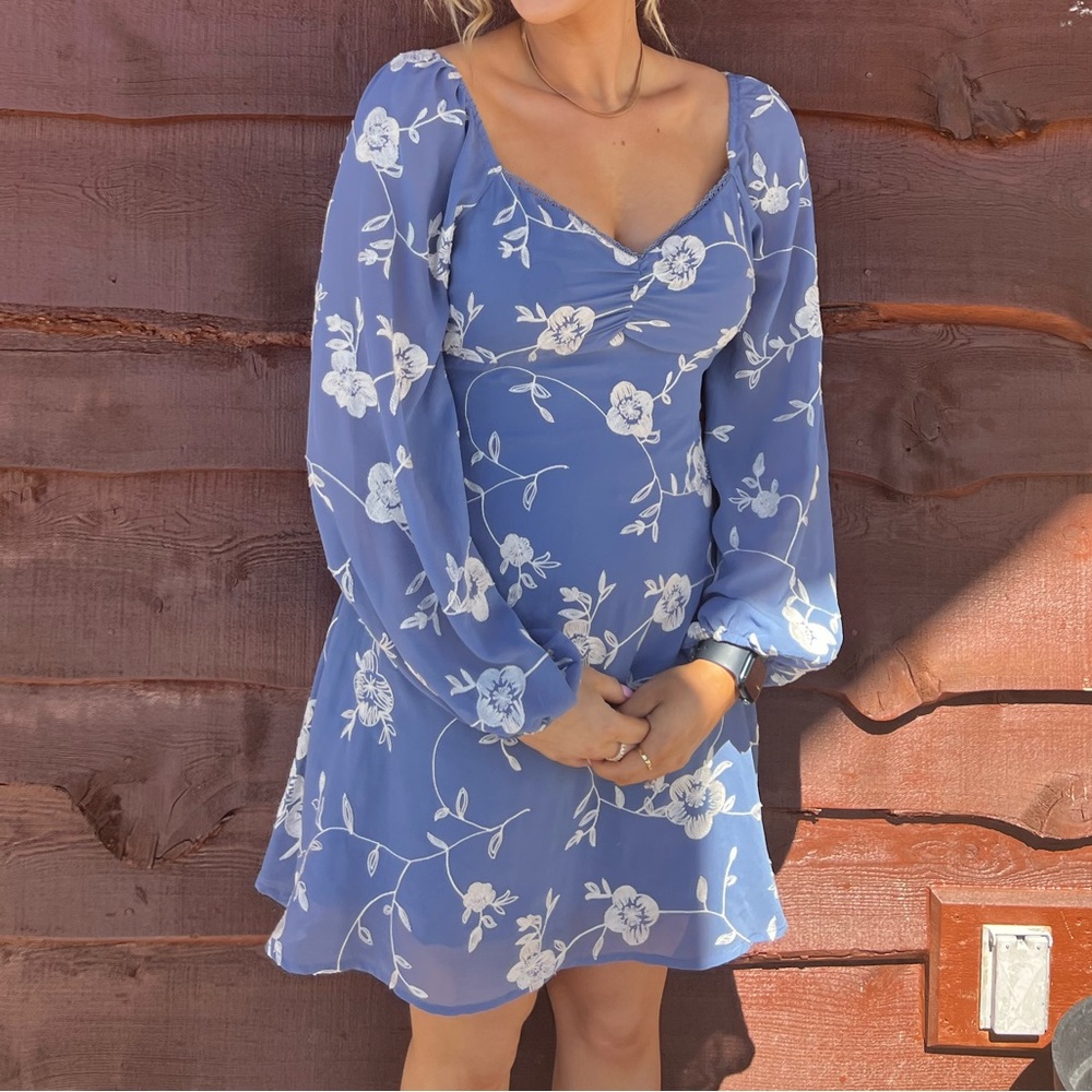 Blu and White Embroidered Floral Long Sleeve Dress